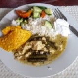Rice, Coconut Yogurt, Green Thai Curry with Tofu and Beans, Cucumber Salad and Doritos (I added the last item)