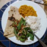 Chickpea Curry, Rice, Salad and Chapati (made by Rakcha at a dinner party)